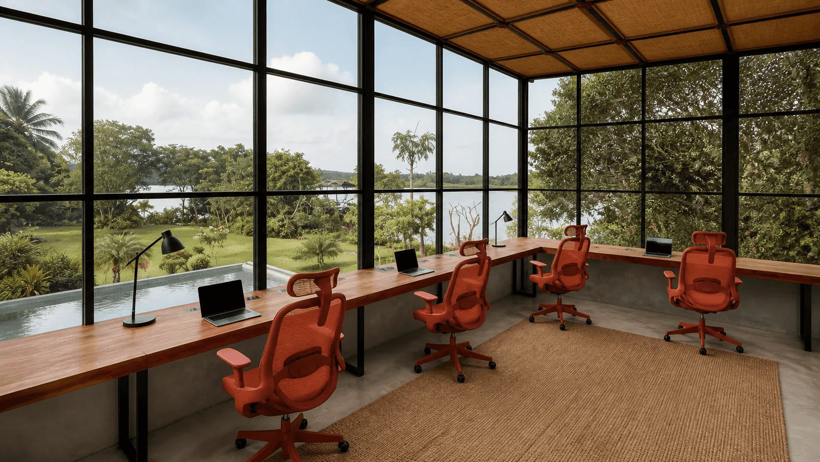 The Zen Koggala co-working room facing the lake