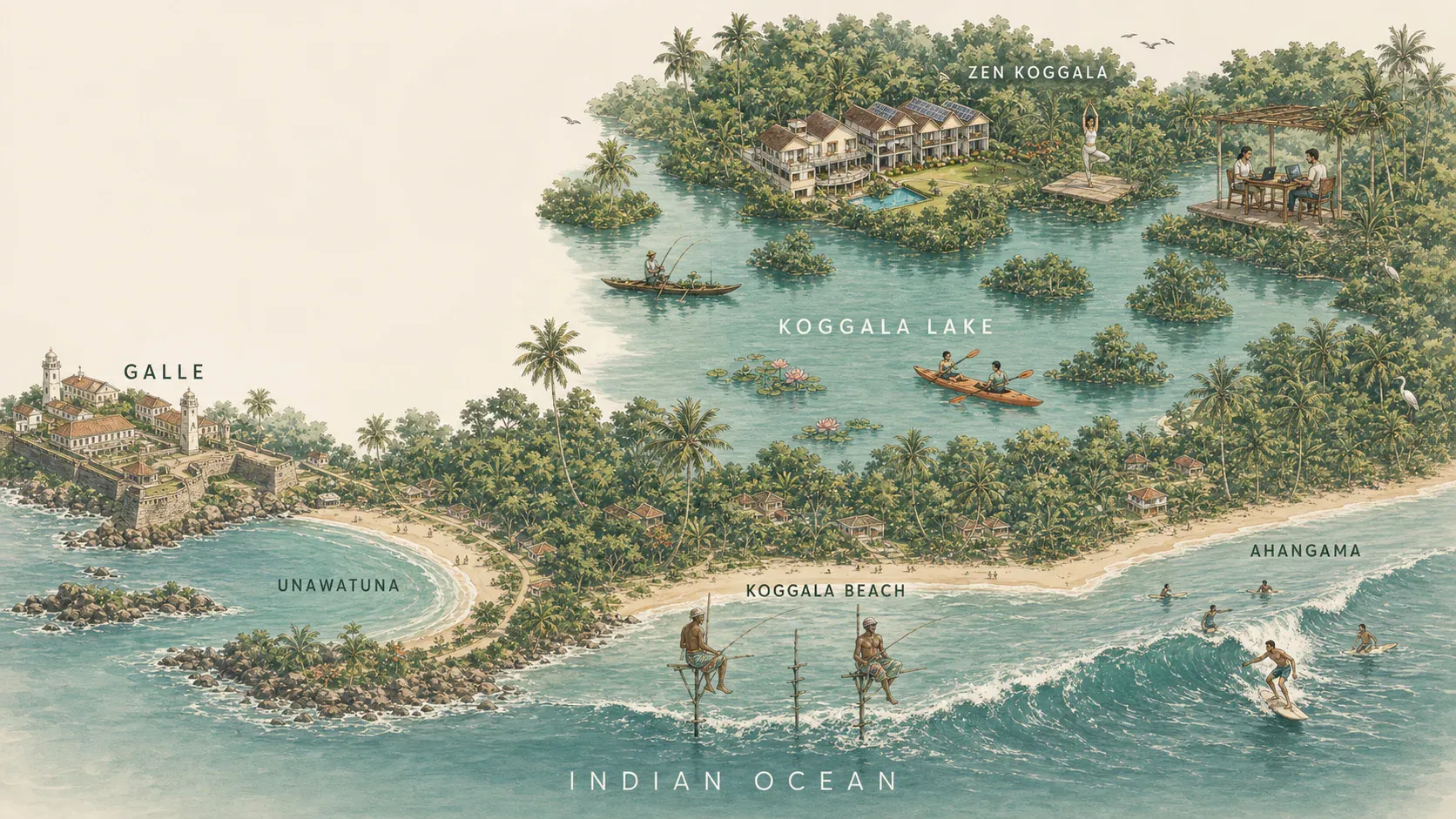 Map of the Koggala coast showing Habaraduwa, Thalpe, Ahangama, Unawatuna and Galle