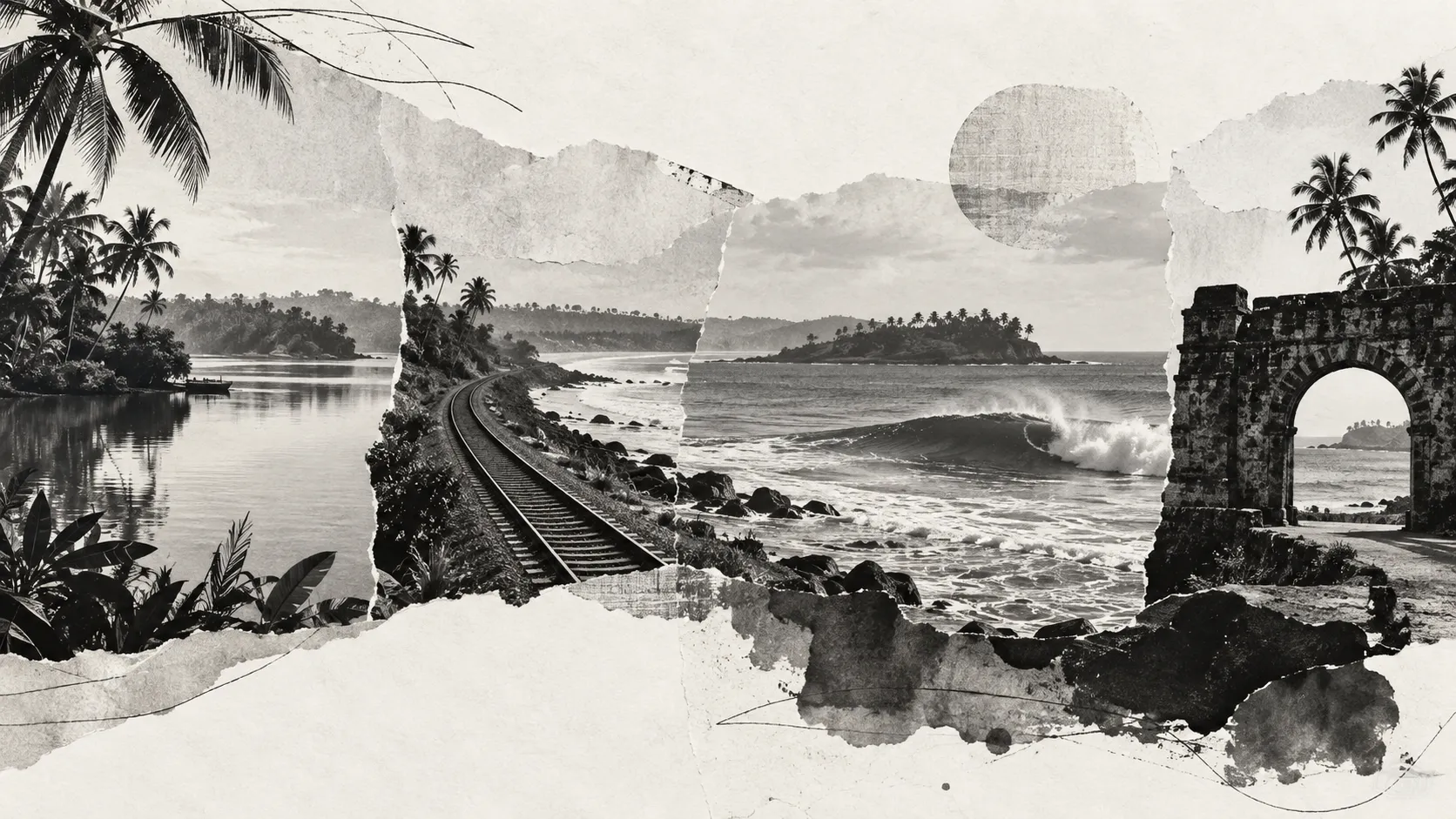 Black-and-white editorial collage of Koggala Lake, the coastal railway, surf and old Galle