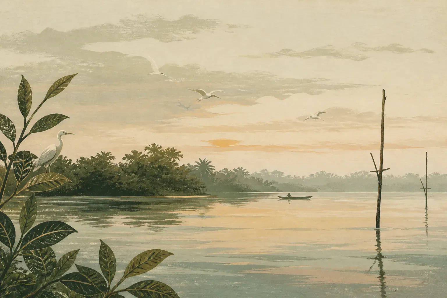 An editorial illustration of first light on Koggala Lake, with mangroves, egrets and stilt-fishing poles