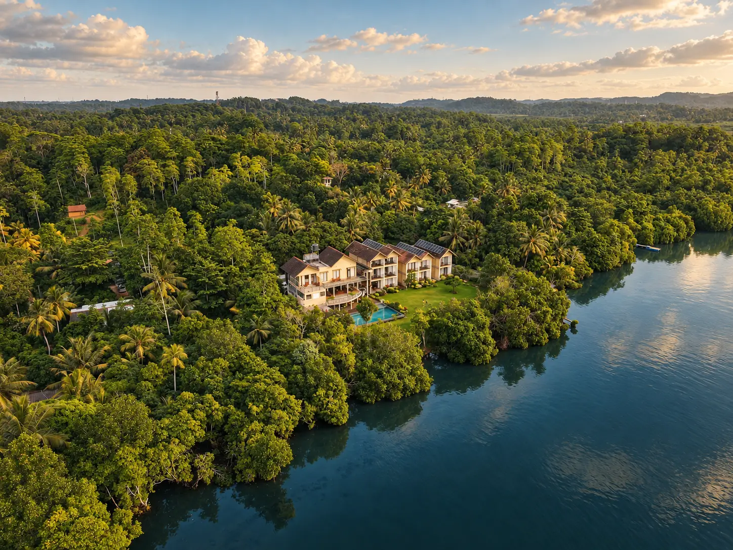 AI-enhanced drone view of Zen Koggala beside the lake, with warm golden lighting and blue-teal water