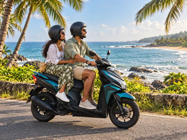 A helmeted couple on a teal scooter beside a palm-lined tropical coastline